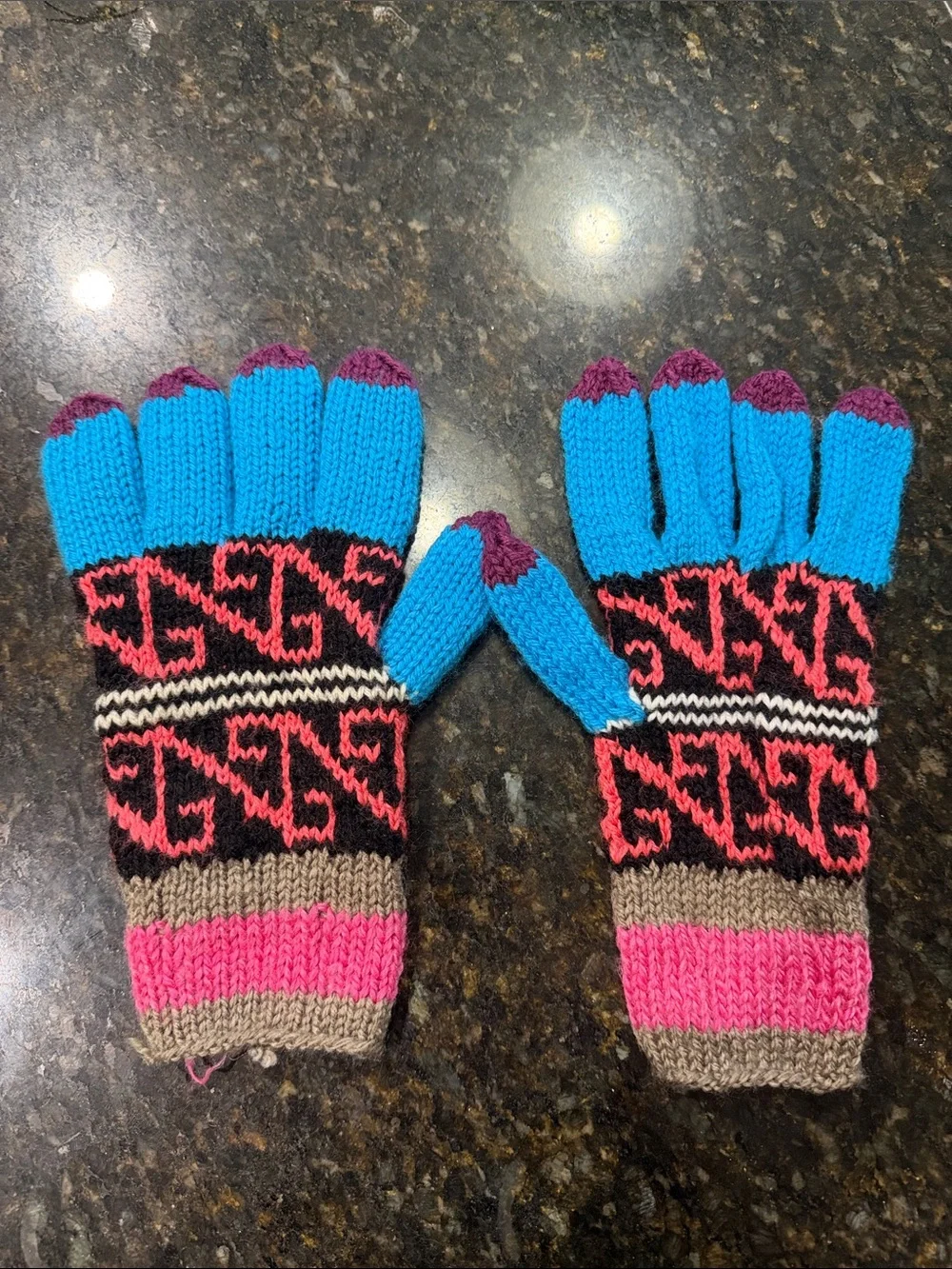 Hand Crafted Blue, Pink & Purple Patterned Knit Gloves